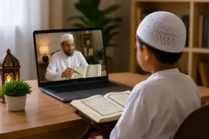Enfant mémorisant le Coran en ligne avec un professeur