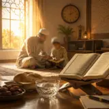 Père et enfant étudiant le Coran à la maison