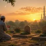 Muslim man praying for deceased parents in a cemetery