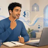 Étudiant travaillant sa prononciation arabe pendant un cours en ligne