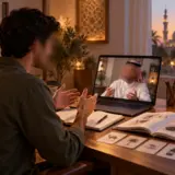 Student learning to speak Arabic with an online teacher