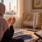 Muslimsk kvinne som påkaller Allah ved siden av en vugge