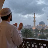 Homme invoquant Allah sous la pluie face à une mosquée