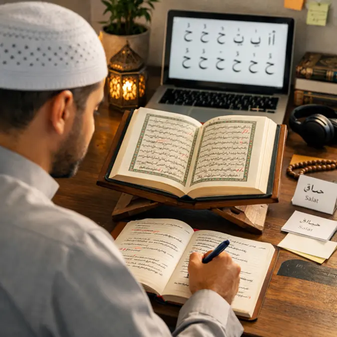 Musulman apprenant l’arabe depuis chez lui avec un Coran ouvert pour mieux comprendre la prière et les versets du Coran