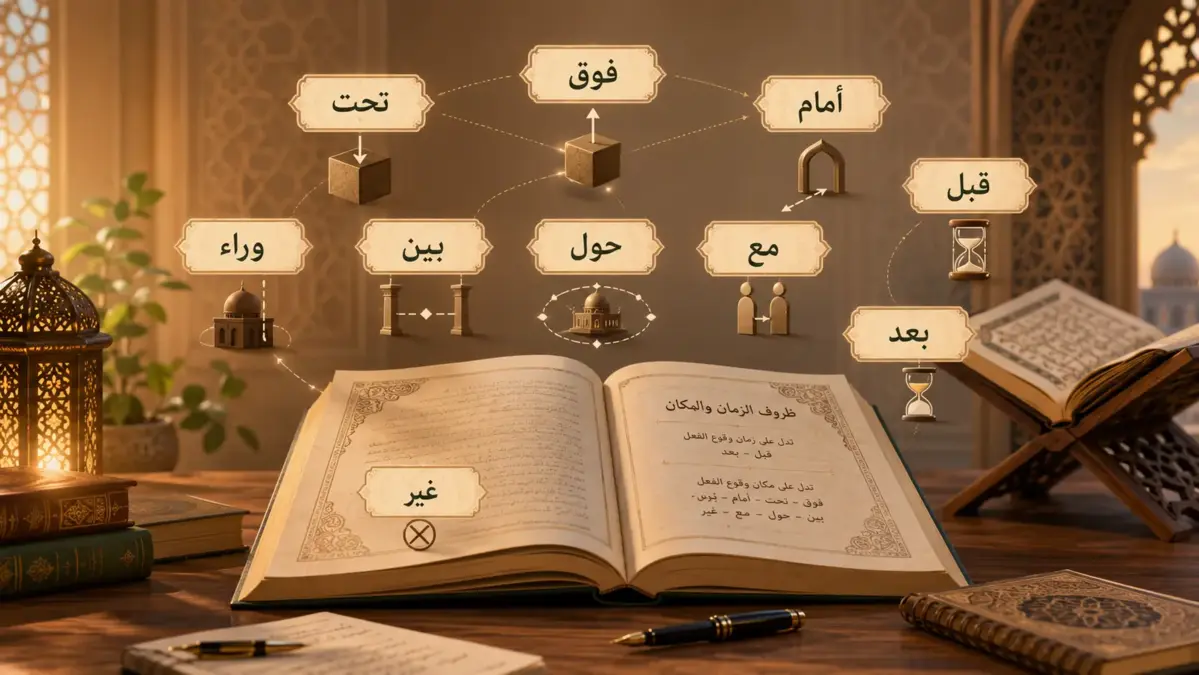 Livre d’arabe ouvert avec adverbes coraniques illustrés