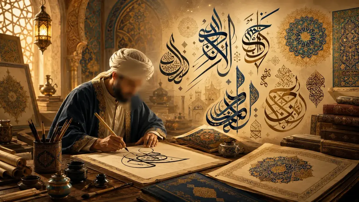 Calligraphe arabe écrivant des motifs de calligraphie traditionnelle