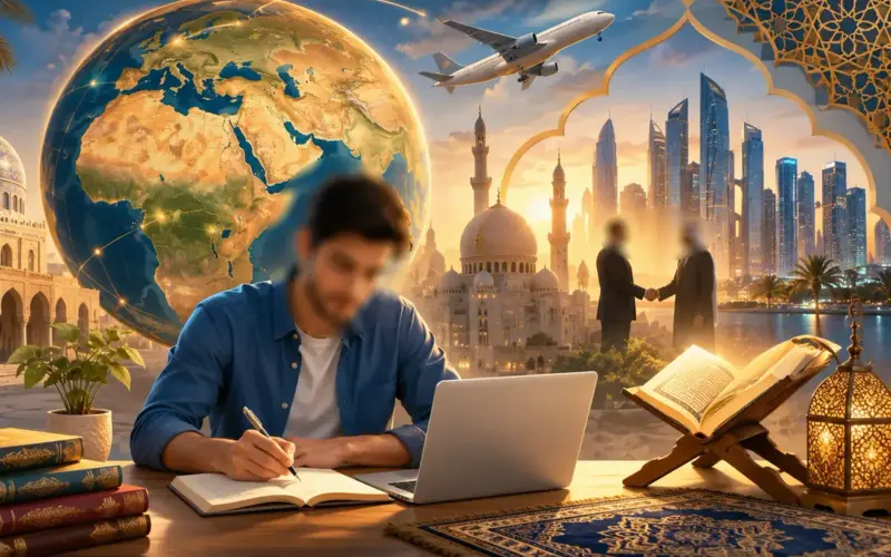 Étudiant apprenant l’arabe avec ordinateur et Coran