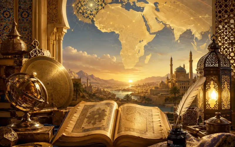 Livre ancien ouvert devant une carte du monde arabe