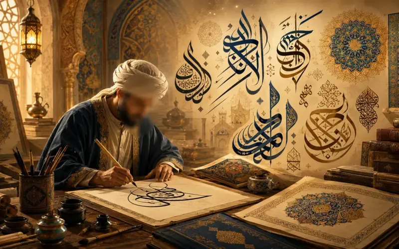 Calligraphe arabe écrivant des motifs de calligraphie traditionnelle