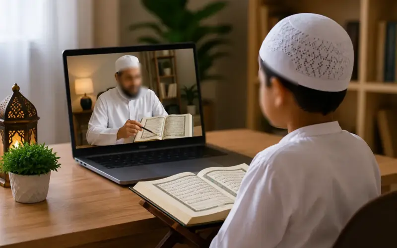 Enfant mémorisant le Coran en ligne avec un professeur