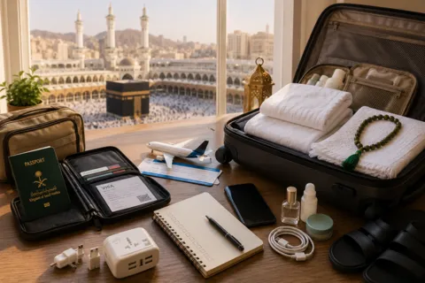 Pilgrim preparing documents, luggage, Ihram garments, and travel essentials before an Umrah journey
