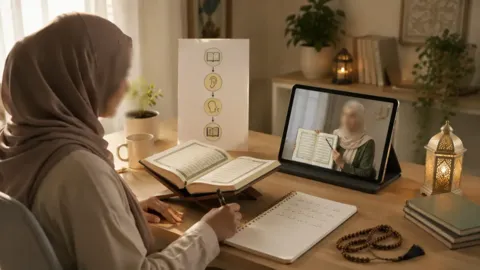 Adult learner studying the Quran with an open Mushaf and handwritten notes, illustrating step-by-step Quranic recitation learning for non-Arabic speakers