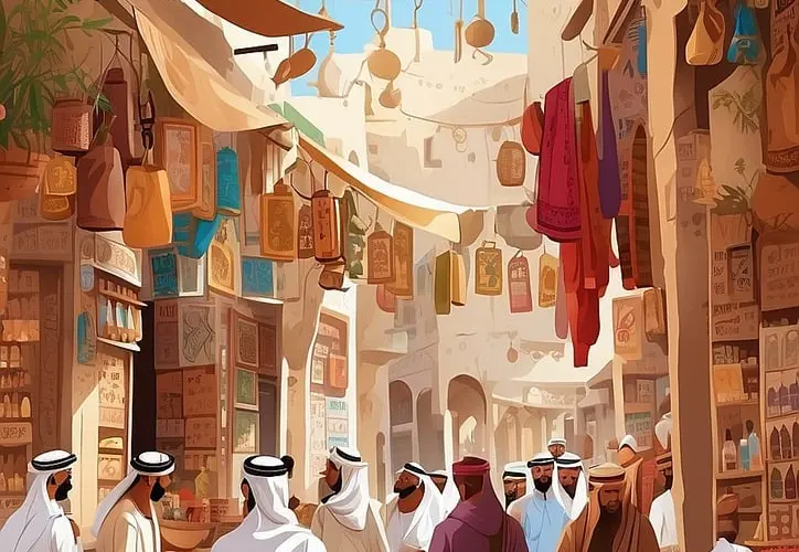 Illustration of Arabic souk alley with hanging fabrics