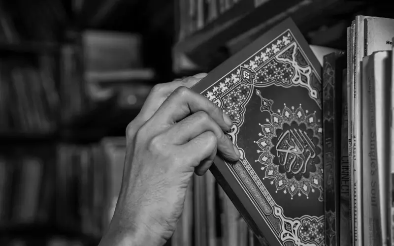 Hand taking a Quran from a library shelf