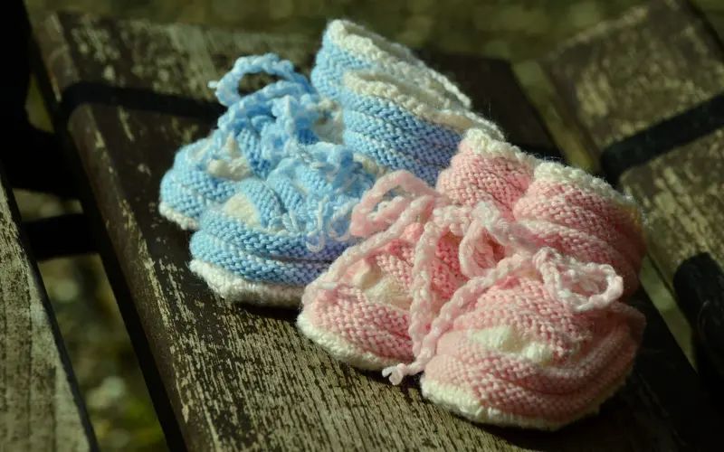 Pink and blue baby booties placed on a bench