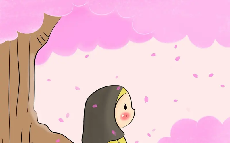Child sitting on a branch under a pink tree