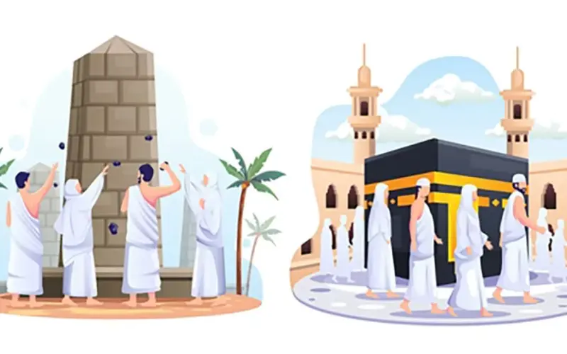 Hajj illustration with pilgrims around the Kaaba