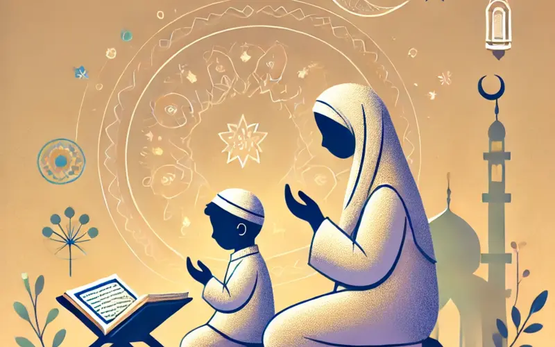 Mother and child making duas near the Quran