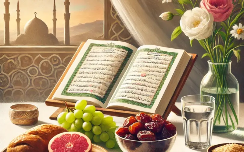 Open Quran with halal food on a table