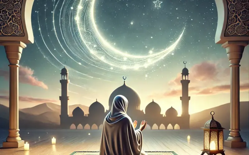 Person praying under a crescent moon