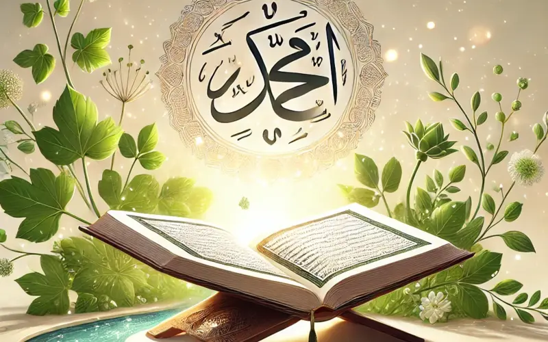 Open Quran with Islamic calligraphy and green decor
