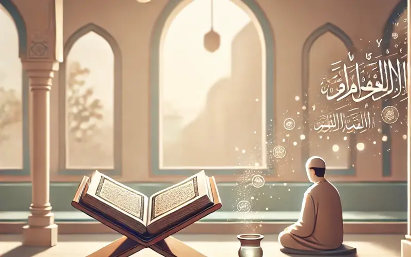 Child sitting near the Quran inside a mosque