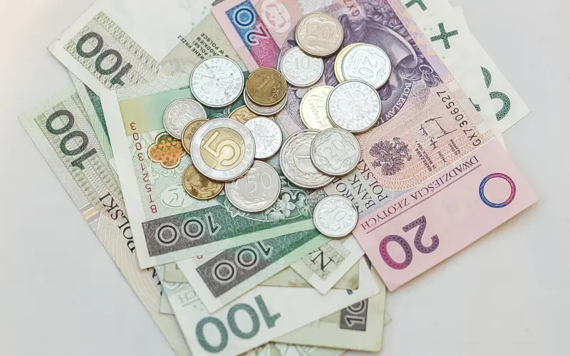 Banknotes and coins illustrating poverty
