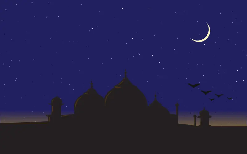 Mosque under Ramadan crescent moon
