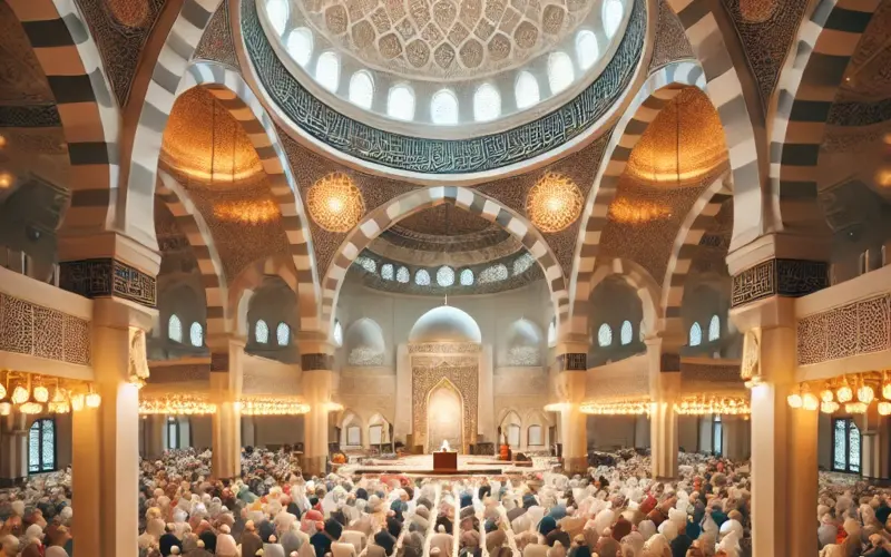 Worshippers gathered in a mosque for Friday prayer