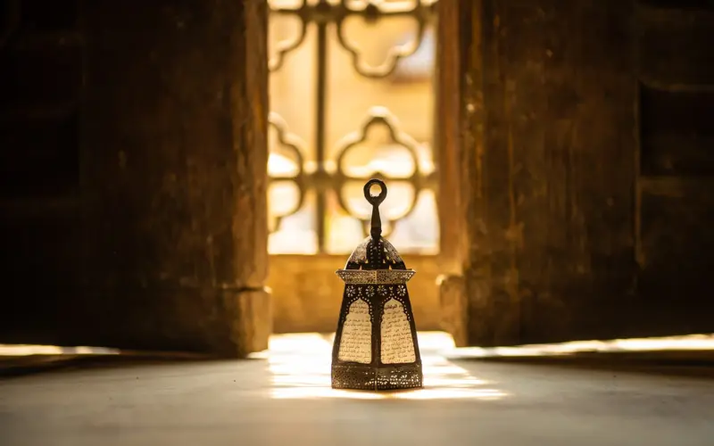 Lit lantern inside a mosque during Ramadan