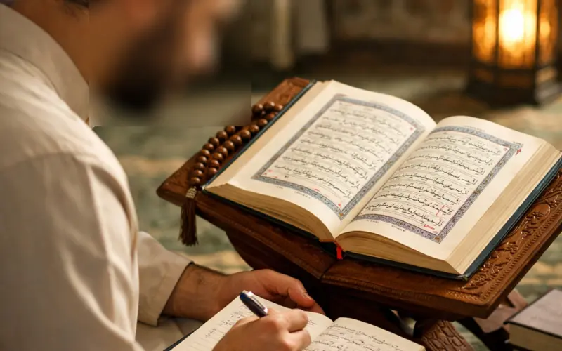 Man studying the Quran with a notebook