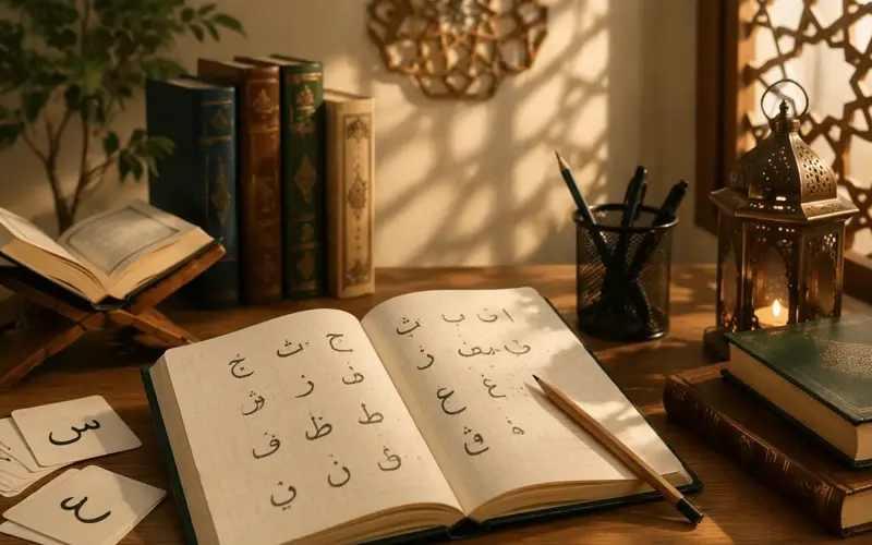 Arabic learning notebook open on a desk with Arabic letters, study materials, and a calm atmosphere for learning Arabic at home.