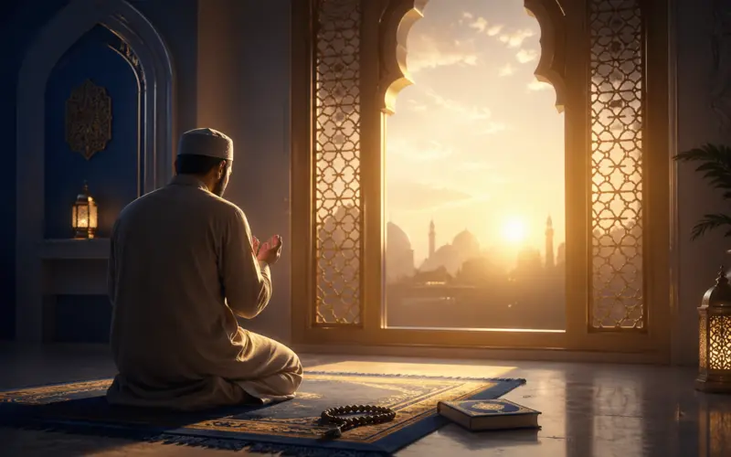 Muslim man praying and reciting a dua for forgiveness, hands raised toward the sky in sincere supplication.