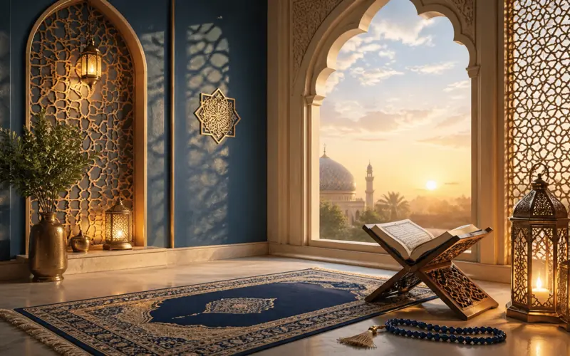 Peaceful Islamic prayer space with a Quran, prayer beads, and soft natural light symbolizing comfort, remembrance, and inner peace