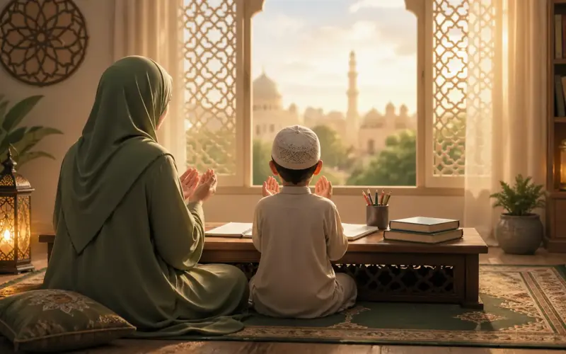 Muslim parent and child making dua together before studying for an exam in a peaceful family atmosphere