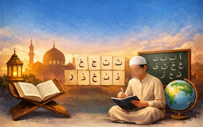 Illustration of a beginner learning Arabic online with the Arabic alphabet, Quran study, and step-by-step language learning