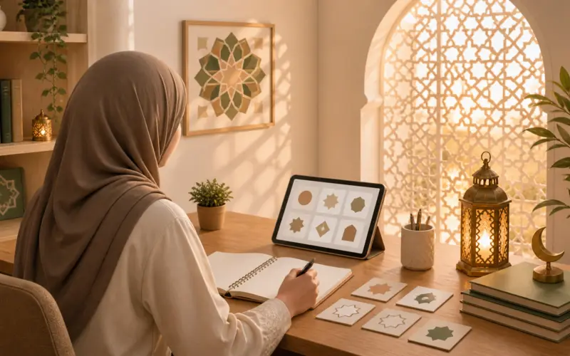Beginner student writing Arabic alphabet letters by hand in a notebook, representing Arabic learning for beginners