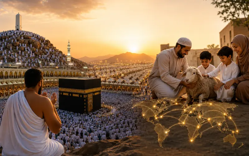 Pilgrims in white ihram garments gathered in Makkah during Hajj, symbolizing the spiritual connection with Eid al-Adha