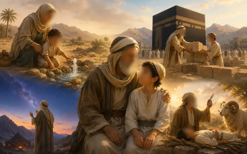 Parent reading an illustrated book about Prophet Ibrahim to their child, transmitting the Quranic story of Ibrahim and Ismail