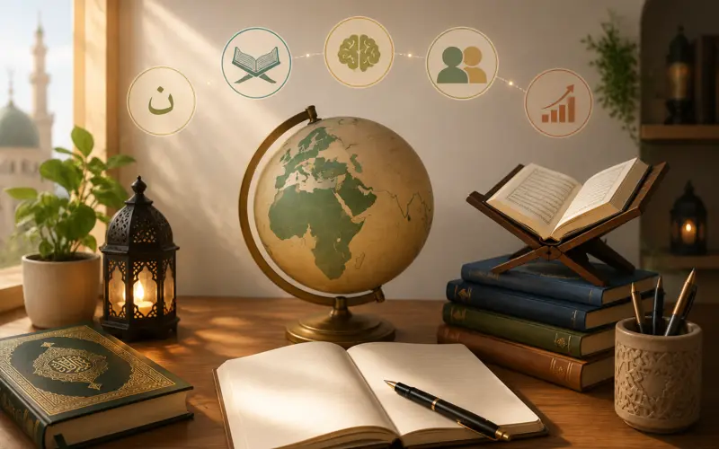 Adult learner studying Quranic Arabic with a textbook and notebook, illustrating a realistic timeline for learning the Arabic language