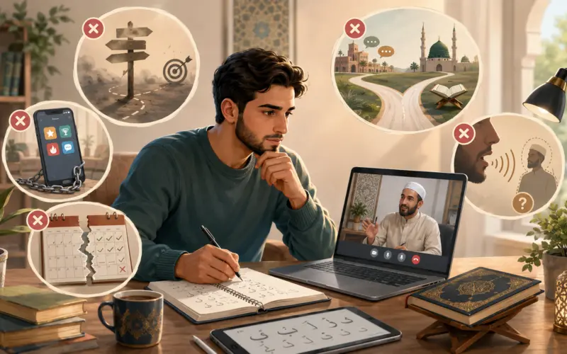 Illustration of an adult taking an online Arabic lesson with a teacher, using a notebook and study notes on a desk.