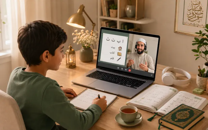 An adult student follows a private Arabic lesson online with their native teacher on a laptop, in a calm home setting