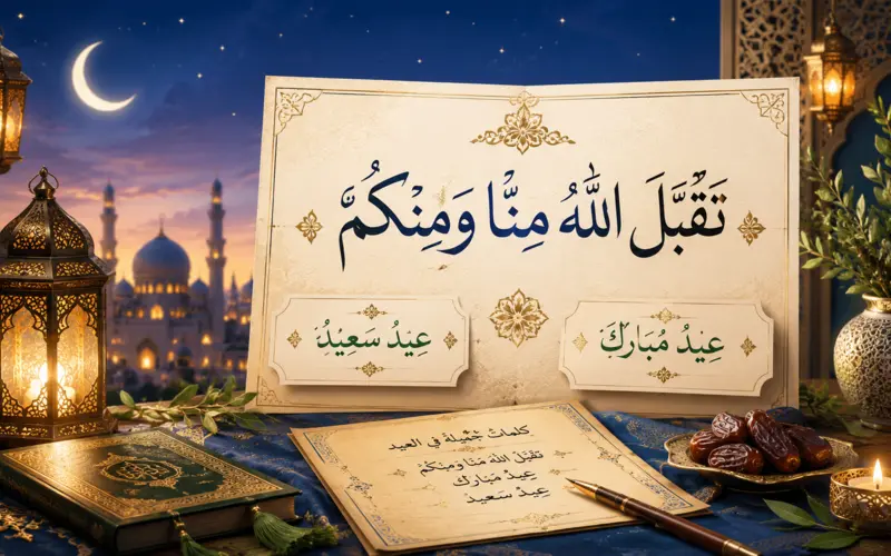 Elegant Arabic calligraphy displaying the Eid greeting "Taqabbal Allahu minna wa minkum — Eid Mubarak" on a golden Islamic geometric background