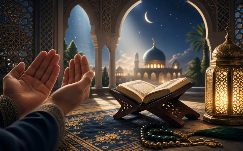 Open Quran with hands raised in supplication, symbolizing powerful Quranic duas and the supplications of the prophets in Islam.