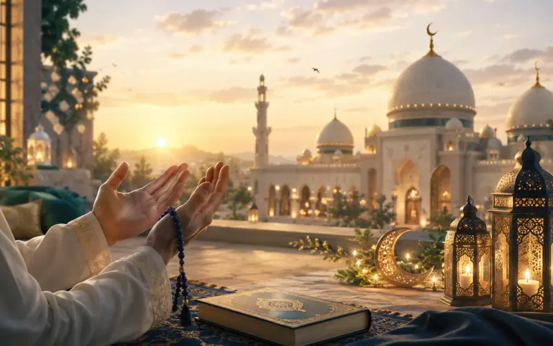 Hands joined in supplication during Eid prayer, representing the duas recited on the Islamic day of celebration
