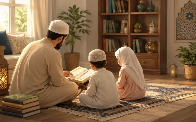 A Muslim father sitting with his young children, reading together from an open Quran on the living room table