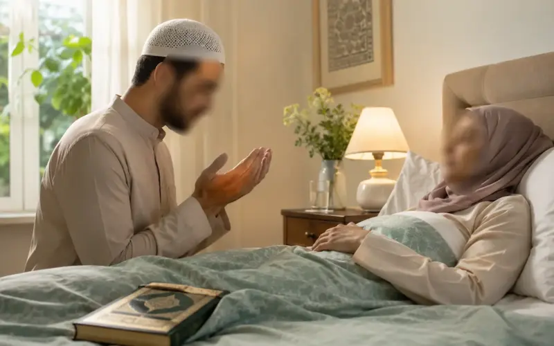 Man making dua for a sick woman in Islam