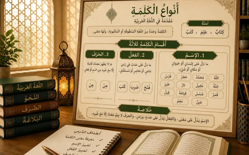 Tableau pédagogique sur les types de mots en arabe