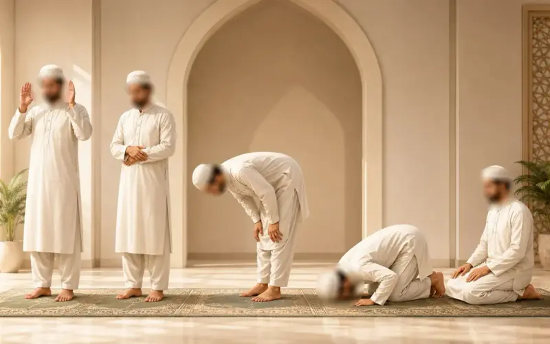 Muslim man performing the steps of prayer
