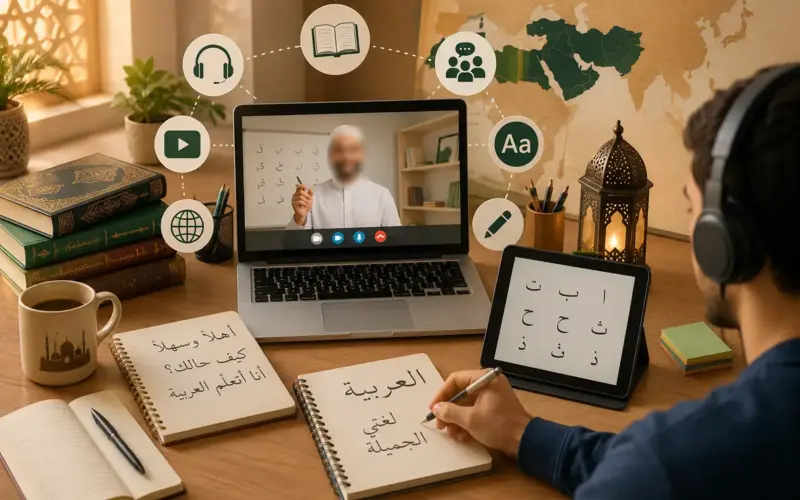 Élève suivant un cours d’arabe en ligne